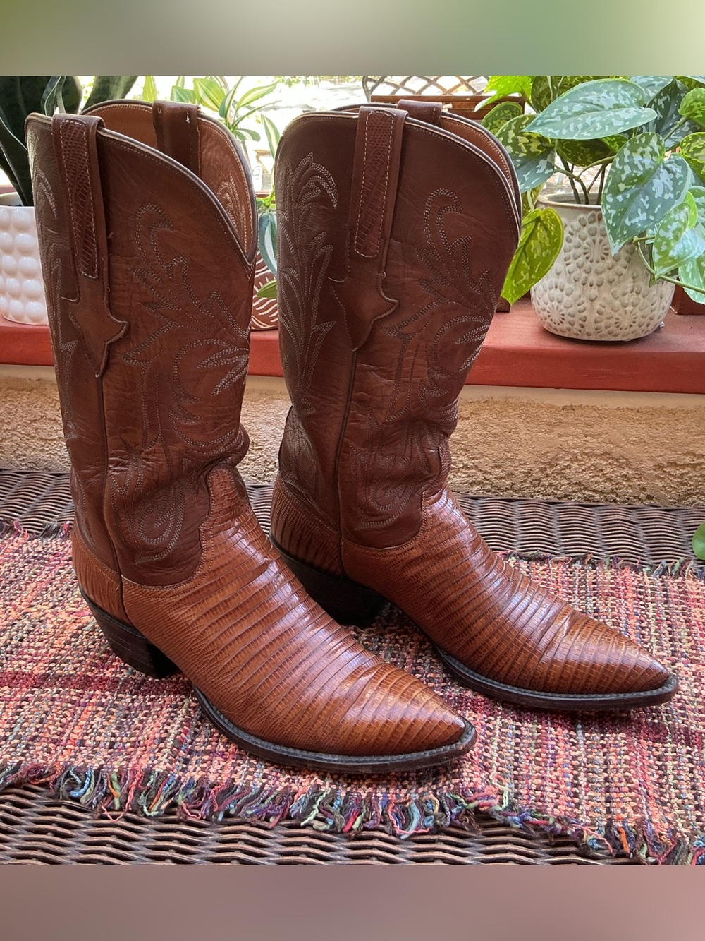 Lucchese Handmade Women’s 8B Teju Lizard Cowboy Boots Cognac Pointed Toe